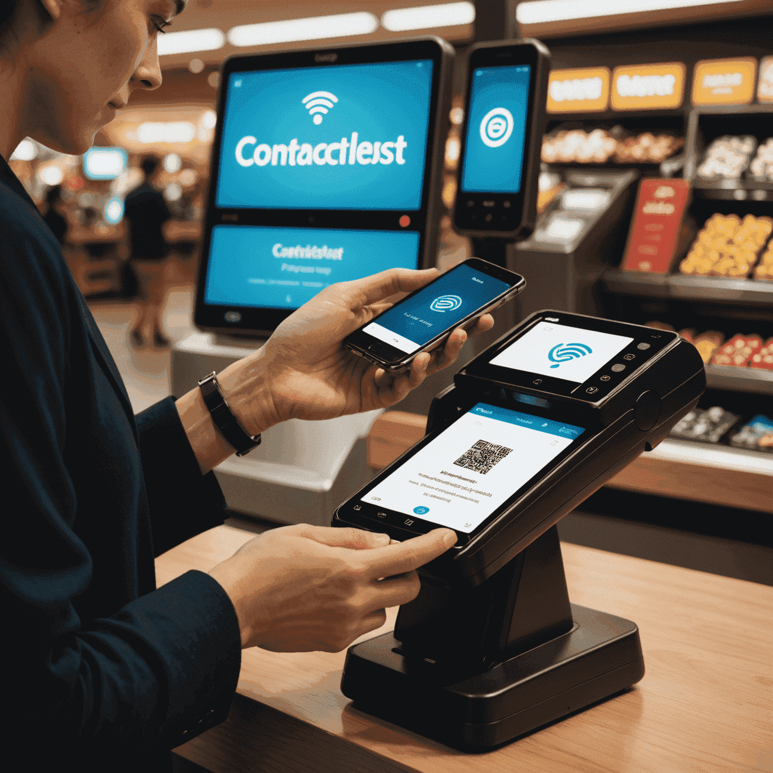 A person using a smartphone to make a contactless payment at a store terminal, with a glowing animation effect to show the wireless transaction