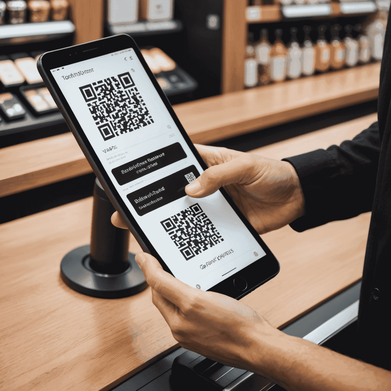 A smartphone scanning a QR code at a merchant's point of sale. The image shows a hand holding a modern smartphone, hovering over a sleek QR code displayed on a tablet at the checkout counter. The background suggests a trendy retail environment.