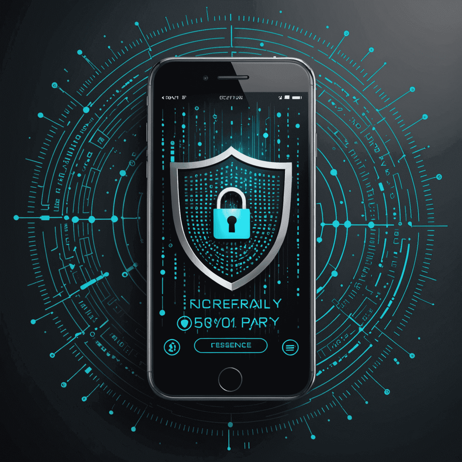 A shield icon overlaying a smartphone screen, with lock symbols and binary code in the background, illustrating the robust security measures in quick pay systems