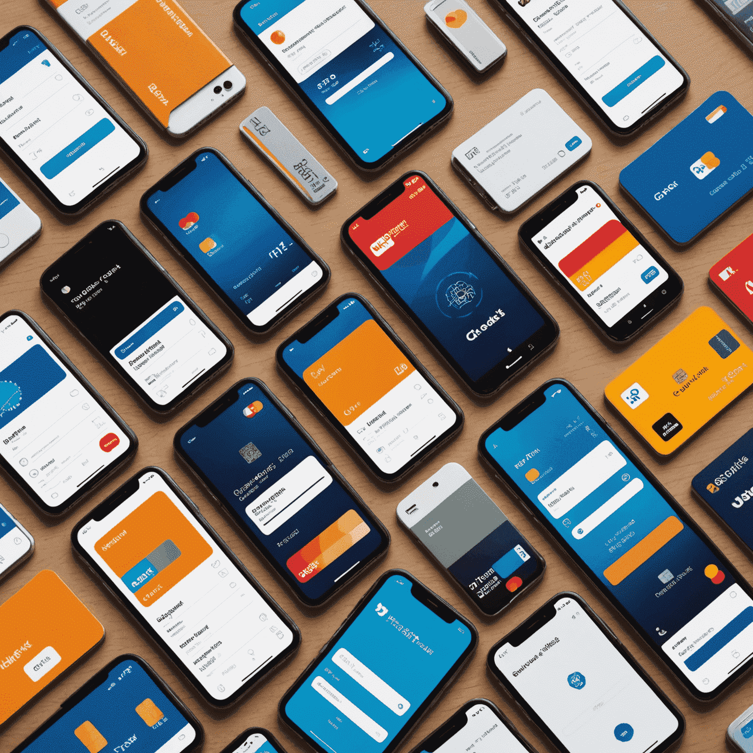 A collage showing various digital wallet interfaces on smartphones, displaying credit cards, loyalty cards, and transit passes