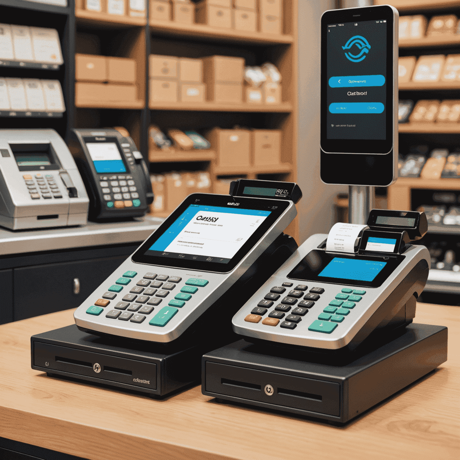 A split-screen image showing a traditional cash register on one side and a modern contactless payment terminal on the other, with animated arrows indicating the shift from old to new