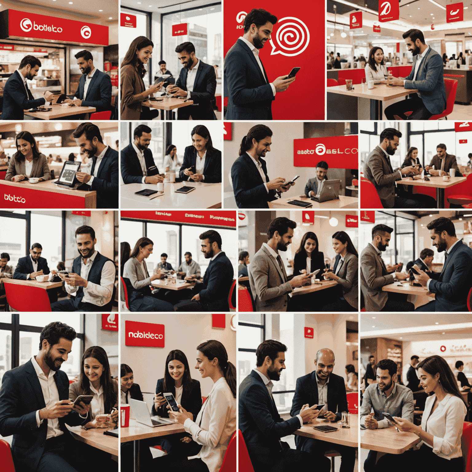 A collage showing various scenarios of people using the Mobiredon app for Batelco recharges and quick payments in different settings like cafes, offices, and public transport.