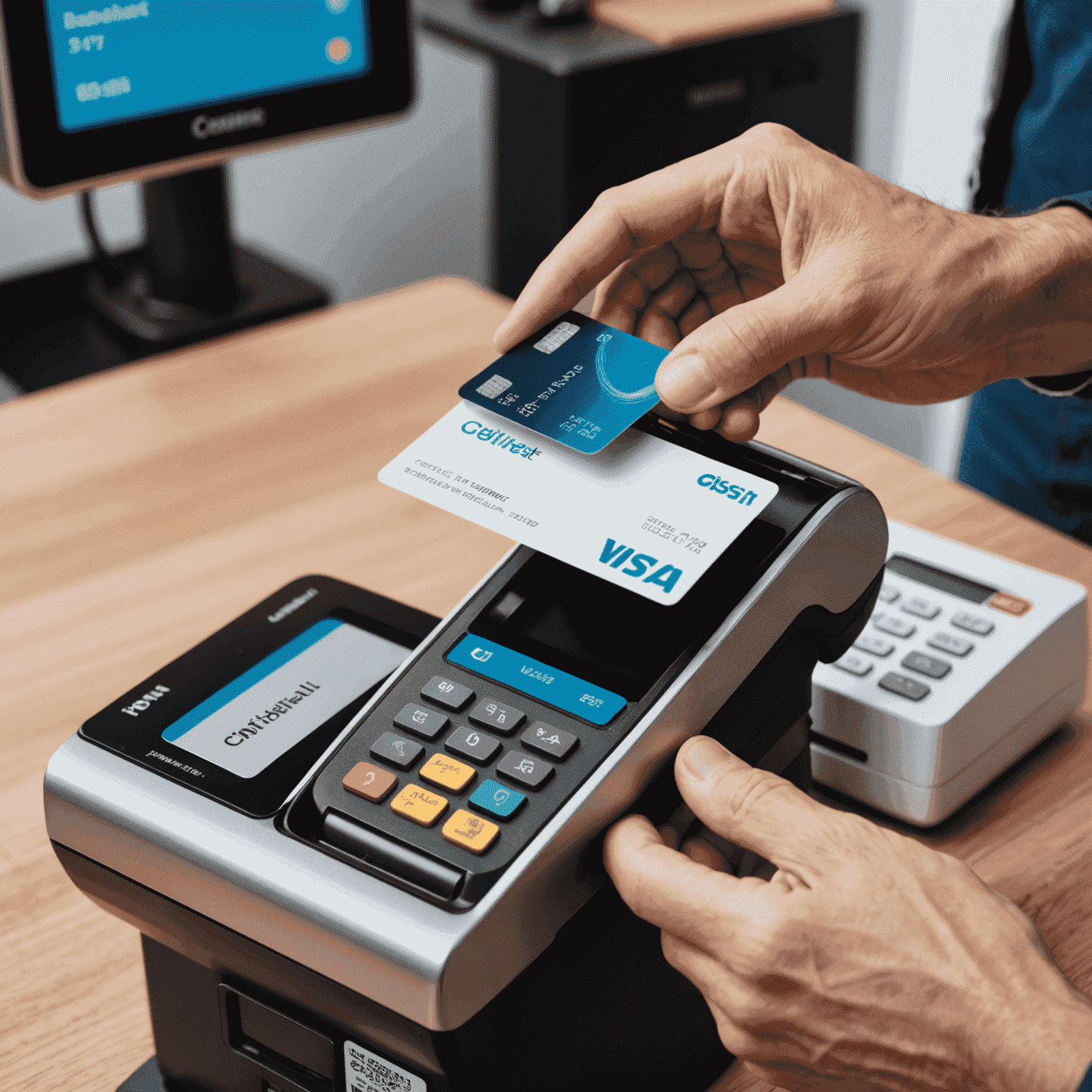 A hand holding a credit card near a contactless payment terminal, with wireless waves emanating between them, showcasing the rise of contactless payment methods