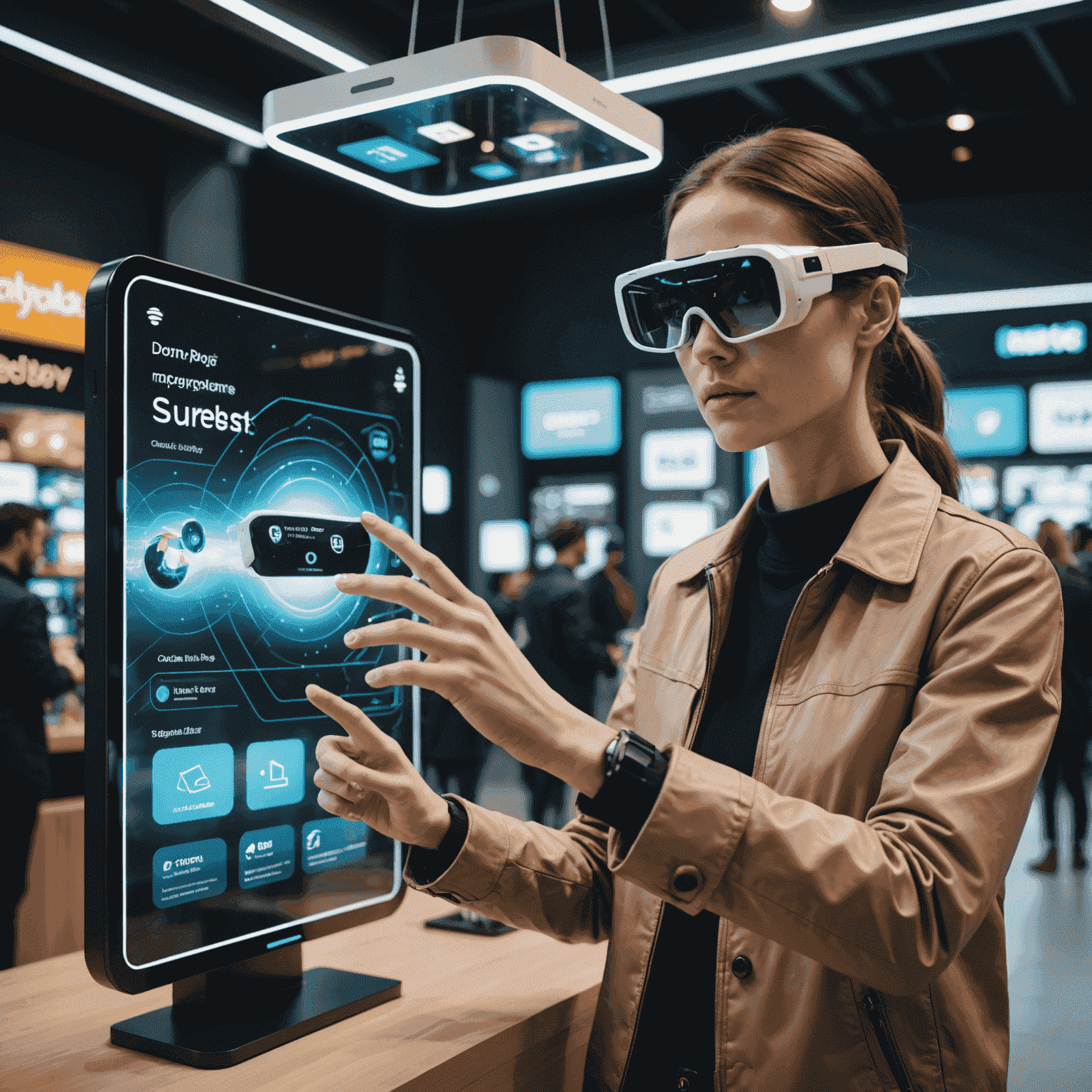 A futuristic scene showing a person using augmented reality glasses to make a purchase by interacting with virtual product displays and payment options floating in the air