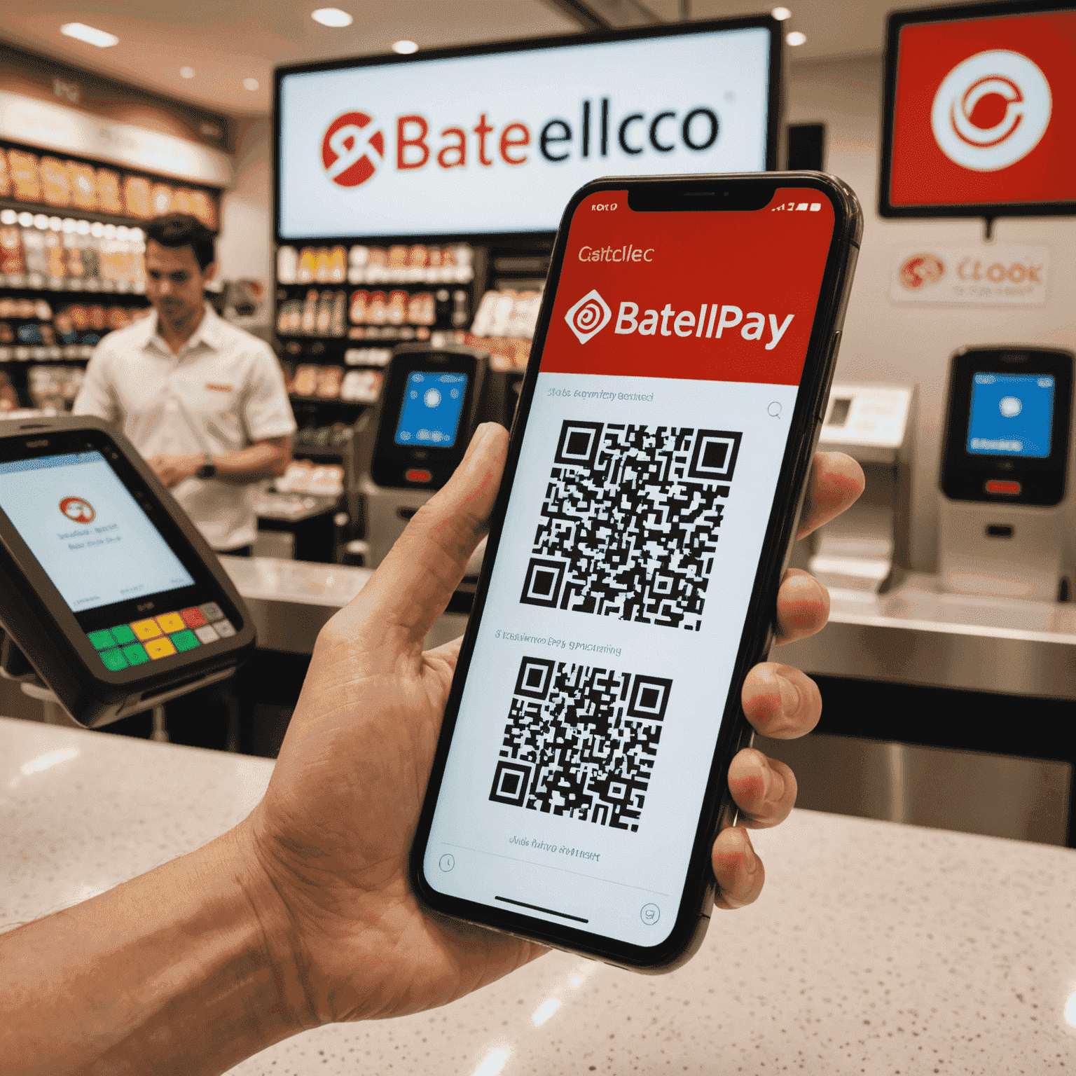 A smartphone scanning a QR code at a point of sale. The screen shows the Batelco quick pay interface processing the payment, with a merchant's logo visible in the background.